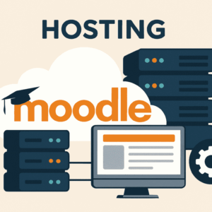 Imagen representativa del producto Hosting para Moodle. Aparece le logo de Moodle, la palabra Hosting y un infografía de un servidor conectado a un ordenador.