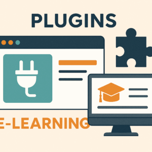 Imagen representativa de plugins para elearning. Aparece una pantalla, un enchufe y una pieza de puzzle, dando a entender que son complementos para plataformas elearning