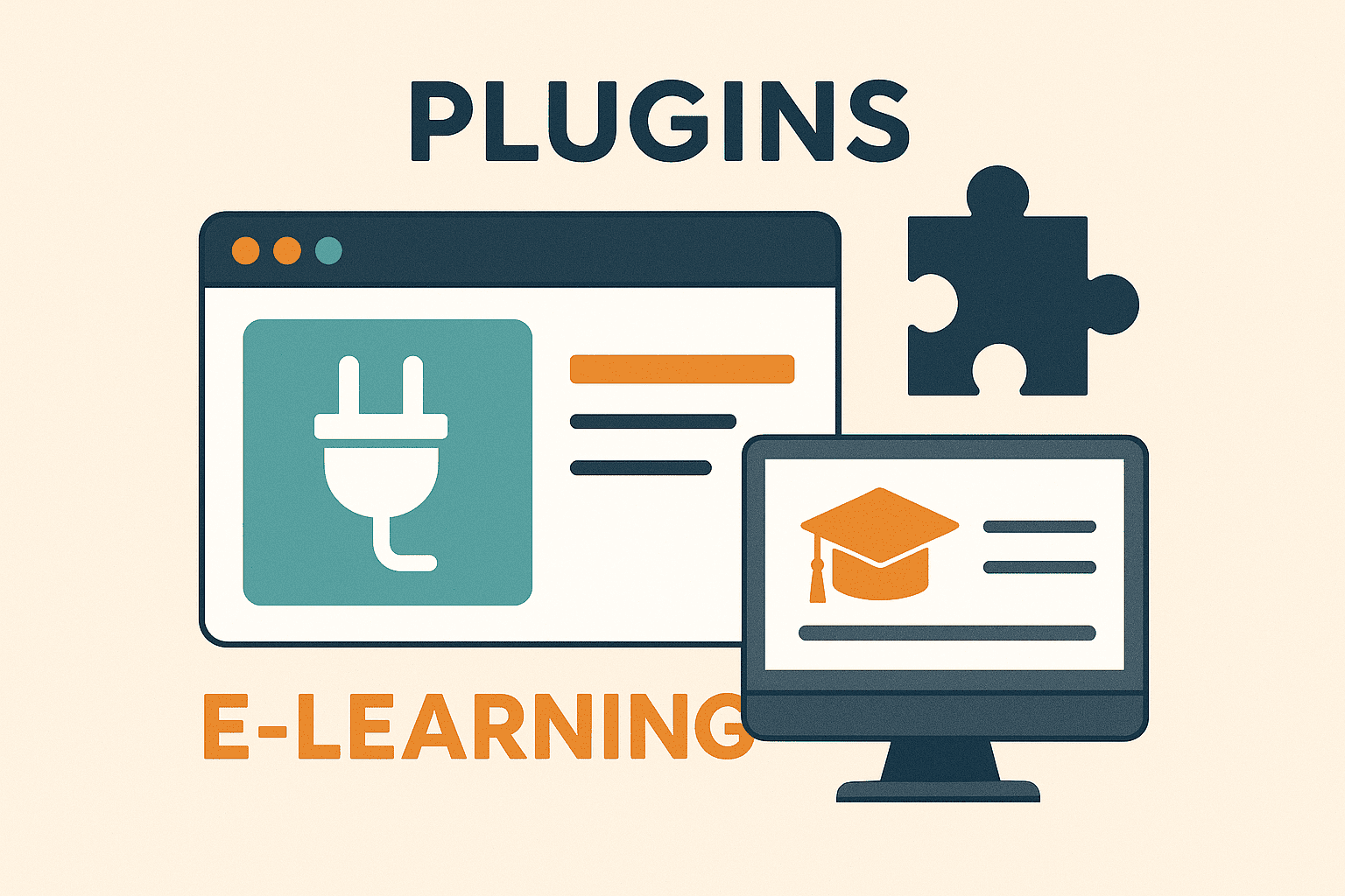 Imagen representativa de plugins para elearning. Aparece una pantalla, un enchufe y una pieza de puzzle, dando a entender que son complementos para plataformas elearning